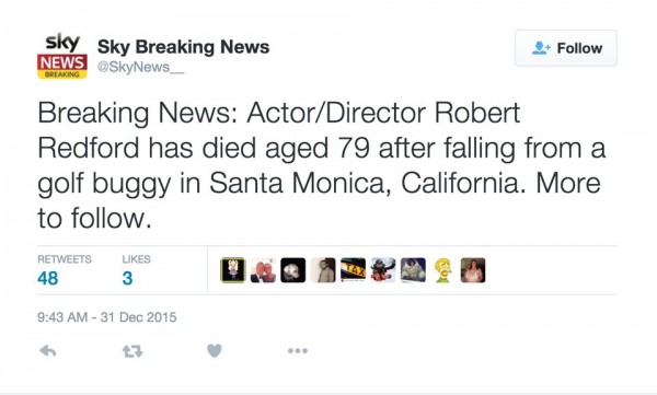 Sky Breaking News lancia dal suo profilo Twitter l'annuncio della morte di Robert Redfort